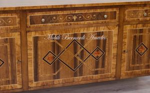 Handcrafted sideboard made of solid wood and richly inlaid in walnut and olive wood in neo-classical style
